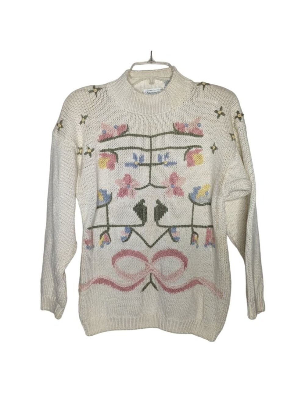 Shenanigans long sleeve Vintage Floral Bow Ivory Pastel colored Sweater size M